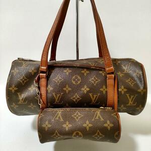 ルイヴィトン LOUIS VUITTON 親子 旧パピヨン30 モノグラム ポーチ付き セット ハンドバッグ ミニボストン ドラム 筒型 ブラウン