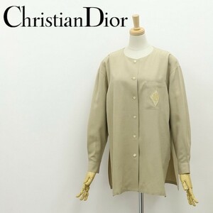 ヴィンテージ◆Christian Dior SPORTS クリスチャン ディオール シルク100％ ロゴ刺繍 サイドスリット ノーカラー シャツ ブラウス M