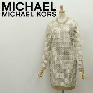 美品◆MICHAEL KORS マイケルコース ロゴ総柄 ストレッチ ニット ワンピース ベージュ×ホワイト S