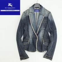 ◆BURBERRY BLUE LABEL バーバリー ブルーレーベル ストレッチ フリンジ パイピング 1釦 デニム ジャケット インディゴ 38_画像1