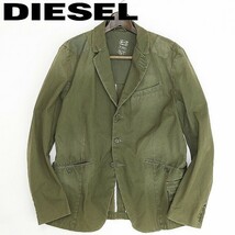 ◆DIESEL ディーゼル USED加工 レザー使い ミリタリー調 コットン 3釦 ジャケット オリーブグリーン XL_画像1