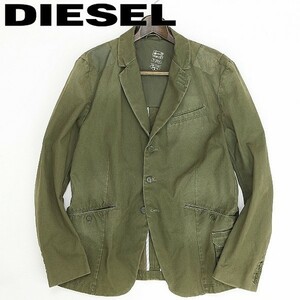 ◆DIESEL ディーゼル USED加工 レザー使い ミリタリー調 コットン 3釦 ジャケット オリーブグリーン XL