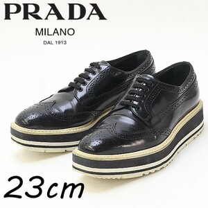 ◆PRADA プラダ レザー メダリオン ウィングチップ スクエアトゥ 厚底 マニッシュ シューズ 黒 ブラック×ホワイト 36