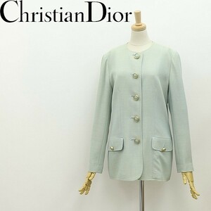 ◆Christian Dior クリスチャン ディオール デザインボタン ノーカラー ジャケット アイスグリーン 9