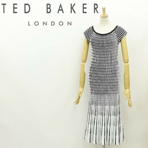 ◆TED BAKER テッドベーカー レーヨンニット タイト フレア ロング ワンピース ホワイト×ブラック 1