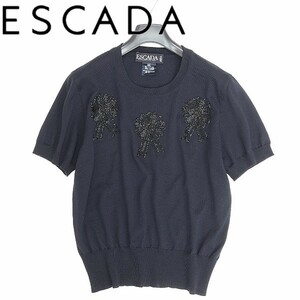 ◆ESCADA エスカーダ ビーズ装飾 ウール 半袖 ニット セーター 紺 ネイビー 40