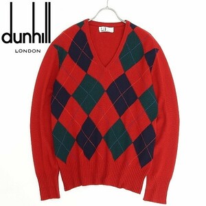 ◆dunhill ダンヒル カシミヤ100％ アーガイルチェック柄 Vネック ニット セーター 赤 レッド 42 107cm