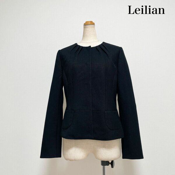 Leilian ノーカラージャケット ツイード 黒 サイズ11 L相当 日本製 お仕事 セレモニー 入学式 入園式 卒業式 卒園式