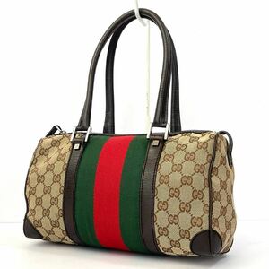 1円 ◎ GUCCI グッチ ハンドバッグ 30458 GG柄 シェリーライン ウェブ GGキャンバス ダークブラウン ベージュ ミニボストン ロック式 