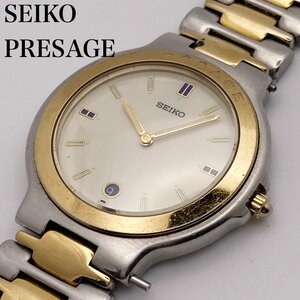 【稼働ジャンク】SEIKO セイコー プレサージュ 5E39-6A10 アイボリー文字盤 デイト コンビ クォーツメンズ腕時計 電池交換済 1-97-E