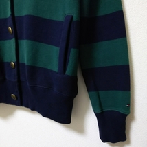 【カジュアル】TOMMY HILFIGER トミーヒルフィガー ショールカラー カーディガン Sサイズ グリーン×ネイビー ボーダー 肘パッチ_画像5