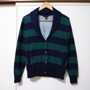 【カジュアル】TOMMY HILFIGER トミーヒルフィガー ショールカラー カーディガン Sサイズ グリーン×ネイビー ボーダー 肘パッチ