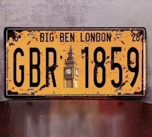 K125 新品◆ブリキ看板 イギリス ロンドン ビッグベン ナンバープレート型 インテリアに LONDON アンティーク GREAT BRITAIN BIG BEN