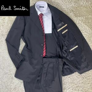 1円〜 【美品！圧巻の生地感】 ポールスミス PaulSmithメンズ ビジネス スーツ セットアップ ストライプ LANIFICIO ウール XL 黒 