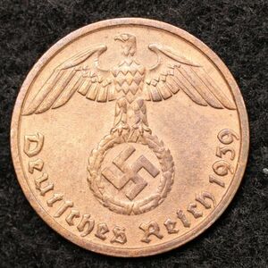 KM#89【ナチス鉤十字】ドイツ第三帝国 1ライヒスペニヒ銅貨（1939）ミュンヘン製造[E1181]コイン