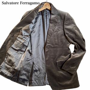 1円■極美品■SalvatoreFerragamo サルヴァトーレフェラガモ テーラードジャケット ベロア 2B メンズ ビジネス 裏地ロゴ グレー Lサイズ