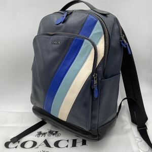 1円 【美品】 COACH コーチ リュックサック バックパック ダイアグナル ストライプ GRAHAM グラハム C1364 レザー 本革 ネイビー メンズ