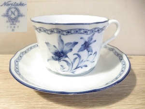 〓①ノリタケ Noritake カップ&ソーサー 花柄 1387 白磁×ブルー コーヒーカップ ティーカップ 陶磁器 洋食器 ξ