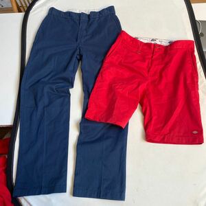 セール 即決1円 　2本セット W34 Dickies L / ディッキーズ ワークパンツ ネイビー チノパン スラックス トラウザー レッド ハーフ パンツ