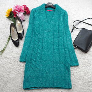 G5483*OZOC Ozoc *A line * knitted * One-piece * blue blue emerald green *38