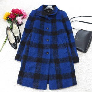 G6187*icb I si- Be * check pattern *moheya* wool * long * coat * blue blue black black *9* carefuly selected goods 