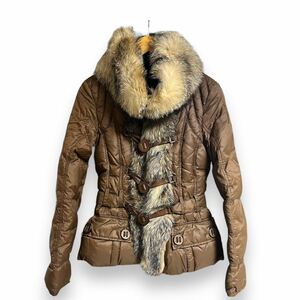 MONCLER fur down jacket モンクレール 茶タグ ファー付き 0 レディース 茶色 ベルト付き レアモデル フック 毛皮