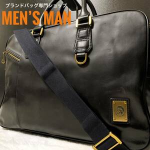 １円●美品 超希少●DIESEL ディーゼル メンズ 2WAY ビジネスバッグ ブリーフケース トートバッグ ショルダー ブラック ゴールド 黒 レザー