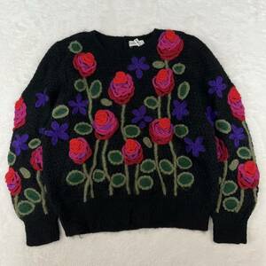 HAND KNIT ハンドニット ニットセーター 総柄セーター 花柄セーター ウールセーター 花柄 総柄 レトロ ヴィンテージ 古着 ウール70%