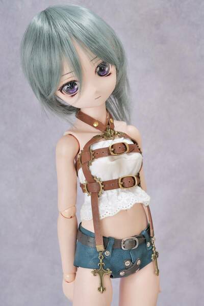 千葉DOLL工房 1/3ドール MDD 専用 地雷系女子 レザー エッチベルト 胸部ベルト 本革製 スチームパンク 茶 金 十字架 S、M、L胸対応