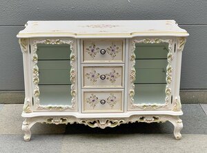 [ Fukuoka ]ro here style antique manner sideboard cabinet display shelf 3 step drawer glass shelves white furniture [KK0122-8]