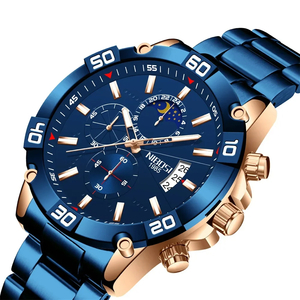 NIBOSI メンズ 腕時計 2502 クオーツ カジュアル スポーツ ビジネス ウォッチ クロノグラフ ステンレス バンド 時計 ブルー × Rゴールド