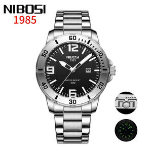 NIBOSI メンズ クオーツ 腕時計 NI2589 ビジネス ウォッチ カジュアル スポーツ ステンレス バンド 時計 シルバー × ブラック