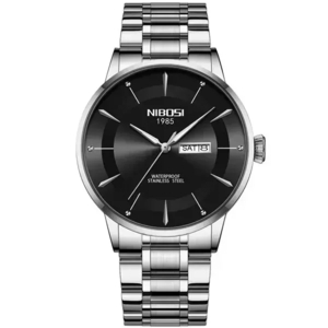 NIBOSI メンズ 腕時計 2607 ビジネス ウォッチ カジュアル クオーツ ステンレス バンド 時計 シルバー × ブラック