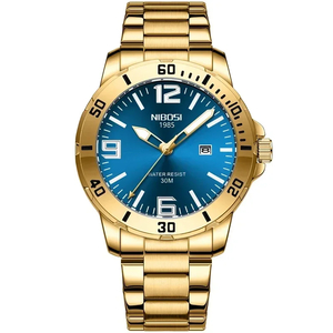 NIBOSI メンズ クオーツ 腕時計 NI2589 ビジネス ウォッチ カジュアル スポーツ ステンレス バンド 時計 ゴールド × ブルー