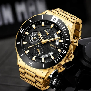 NIBOSI メンズ 腕時計 2592 クオーツ カジュアル スポーツ ビジネス ウォッチ クロノグラフ ステンレス バンド 時計 ゴールド × ブラック