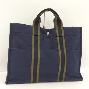 【中古】HERMES フールトゥ MM トートバッグ キャンバス ネイビー