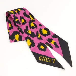 【中古】GUCCI スカーフ レオパード ピンク シルク100％