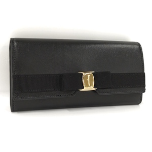 【中古】Salvatore Ferragamo 二つ折り長財布 ヴァラリボン レザー ブラック 22E008