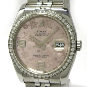 [ used ]ROLEX Date Just self-winding watch bezel diamond 10PD SS pink flower face G number 116244