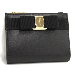 【中古】Salvatore Ferragamo 二つ折り財布 ヴァラリボン レザー ブラック 22-E009