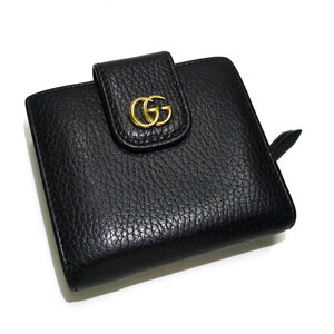 【中古】GUCCI GGマーモント 二つ折り コンパクト財布 レザー ブラック ゴールド金具 523193