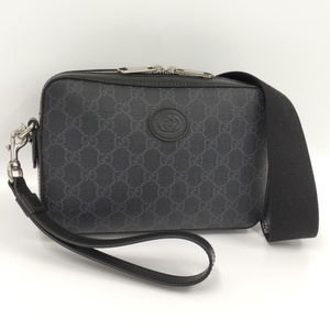 【中古】GUCCI インターロッキングG付き ショルダーバッグ GGスプリーム ブラック 703468