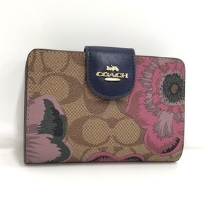 【中古】COACH 二つ折り財布 フラワー シグネチャー PVC ベージュ ネイビー C3452 IMROJ