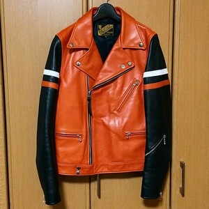 Y'2 LEATHER ダブルライダースジャケット 赤 黒 レッド バイカラー 36 牛革 日本製 lewis leathers ルイスレザー サイクロン 666 袖ライン