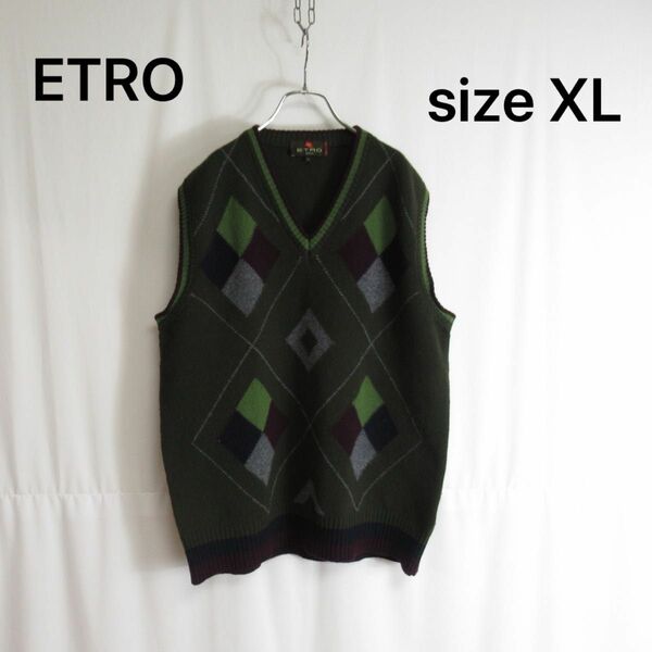 ETRO ウール ニット Vネック ベスト トップス セーター XL メンズ イタリア製 エトロ アーガイル 秋冬 ニットベスト