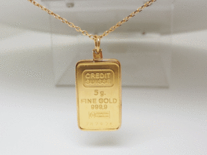 K18枠 999.9 FINE GOLD 5gコイン CREDIT SUISSE 金貨 ペンダント ネックレス 総重量8.2g K24/K18 ネック40cm 送料無料!!