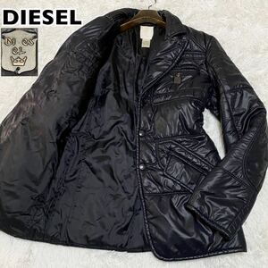 DIESEL ディーゼル テーラードジャケット型 中綿ジャケット メタルプレート パフジャケット 肘パット ブラック 黒 S表記S〜M相当 ナイロン