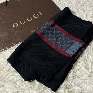 【美品】GUCCI グッチ マフラー ストール ビー ウール ブラック 服飾小物 GG柄 極暖