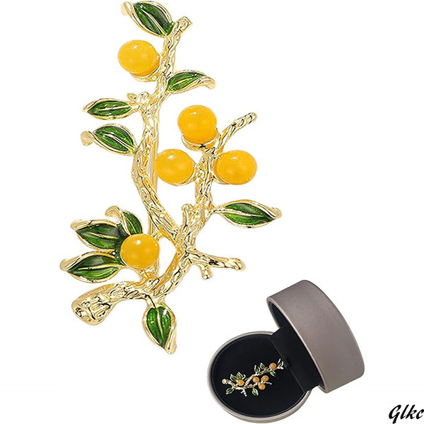 コサージュ　ブローチ　ファッション　アクセサリー　柿の木　木　柿　ナウ石　天然　黄色　シンプル　小さめ　プレゼント
