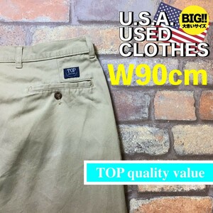 BP2-763★W90センチ位★アメリカ買付商品★【TOP】2タック コットンツイルパンツ【W36 メンズ XL】濃ベージュ ワーク アウトドア 古着